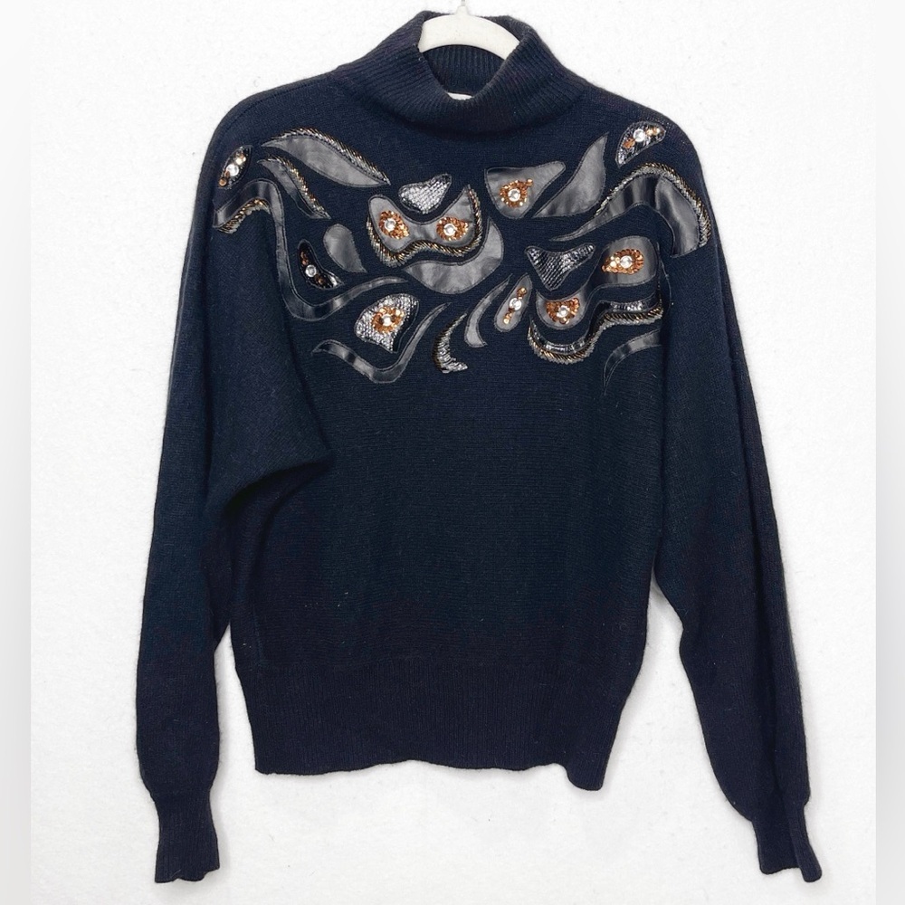 Vintage Nilani Black Lambswool Angora Blend Sweater Embellished 80s Beaded